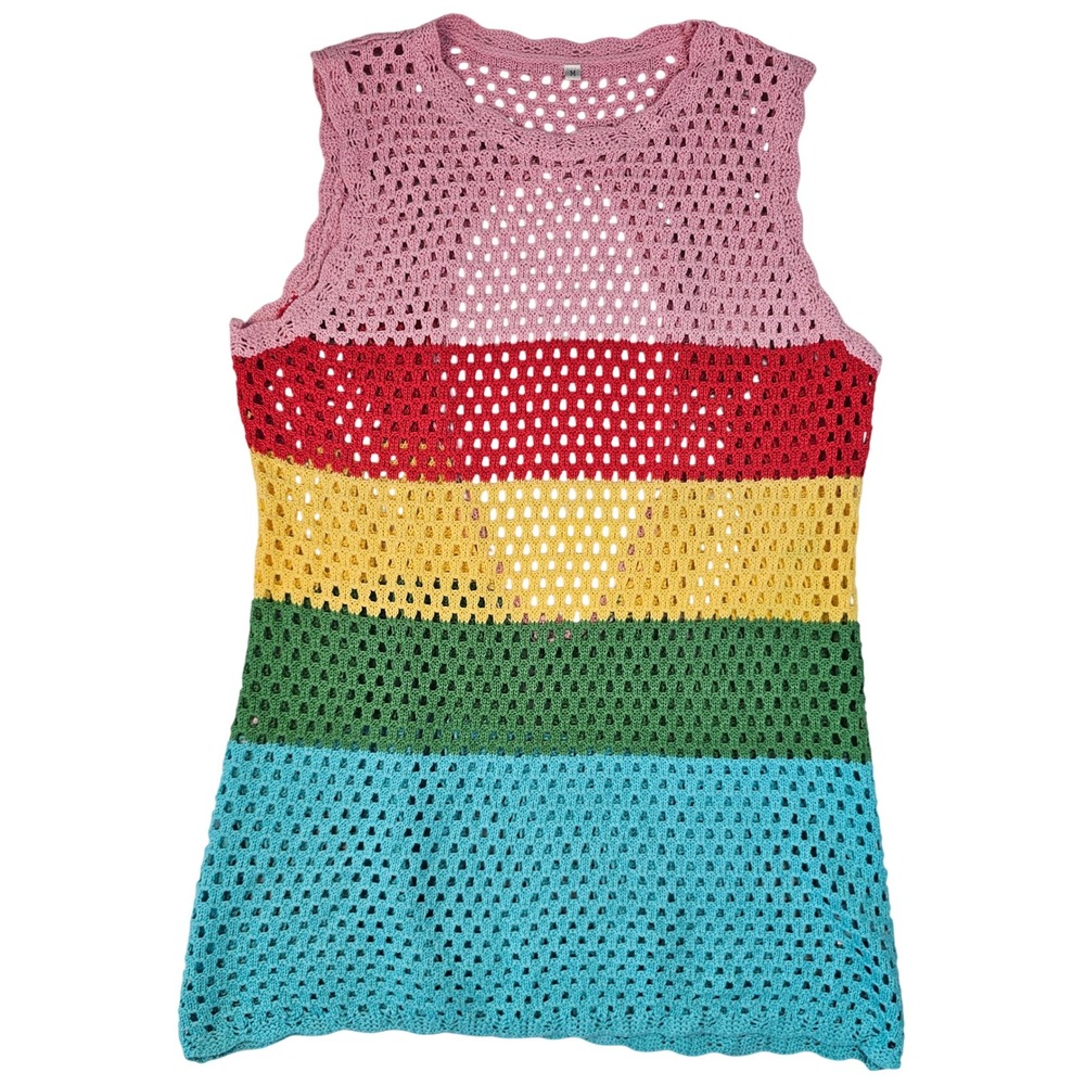 Unbranded Rainbow Striped Open Knit Crochet Tank Top Sleeveless‎ Mesh Pink M